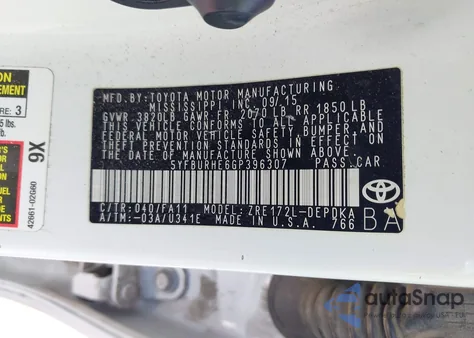 2016 Toyota Corolla L from USA, damaged, VIN 5YFBURHE6GP396307